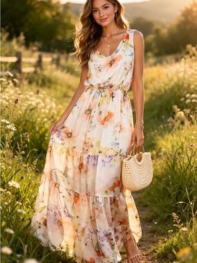Floral  Maxi Dress in Cream and Pastel Florals Silk Blend Made in Italy L Boho